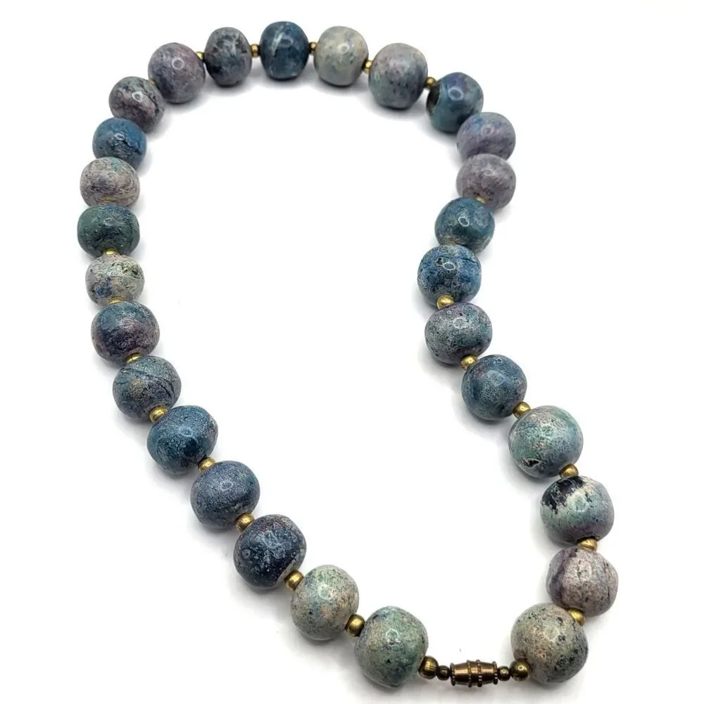Chunky Bohemian Gemstone Aventurine Lapis Brass Beaded Necklace 20in